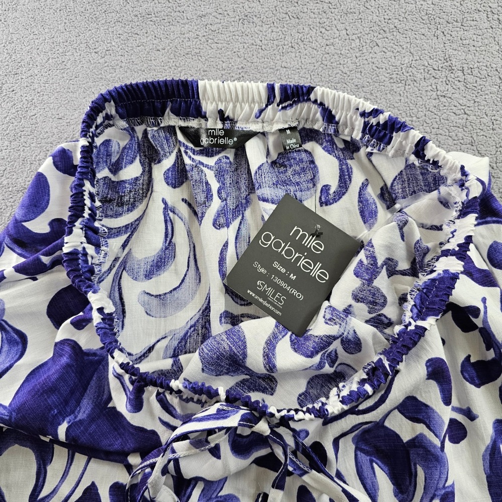 Mlle Gabrielle Tiered Broomstick Maxi Skirt Women M White Blue Floral Drawstring - Picture 6 of 10